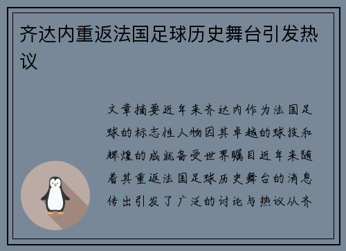 齐达内重返法国足球历史舞台引发热议